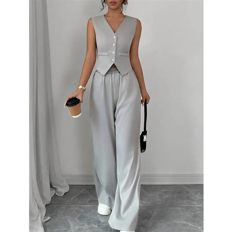Office Buttons Pockets Tops Wide Leg Pants Women's Matching Sets Korean Fashion Y2K Kpop Sexy 2 Pieces Set Woman Cheap Clothes