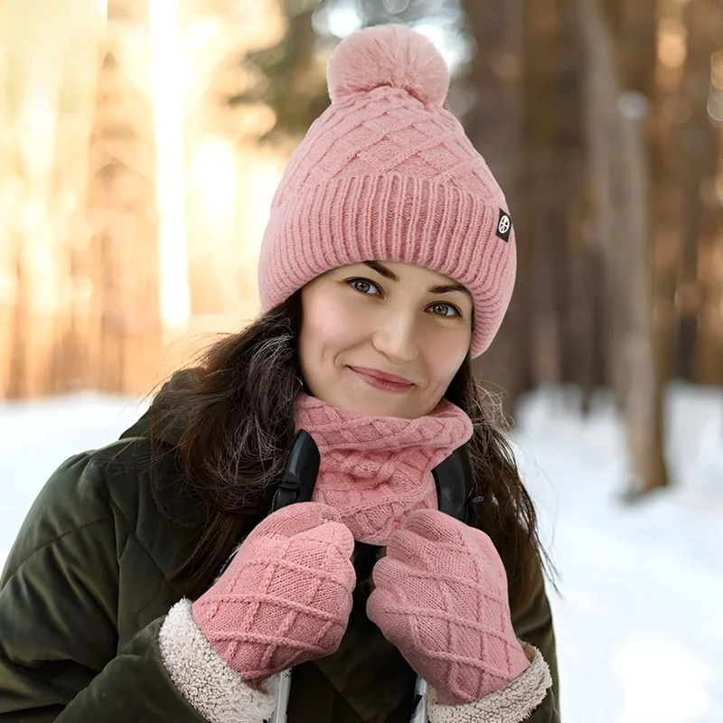 fleece-lined-knitted-hat-scarf-gloves-three-piece-set-winter-outdoor-warmth-ball-hat-set-breathable-quick-dry-lightweight