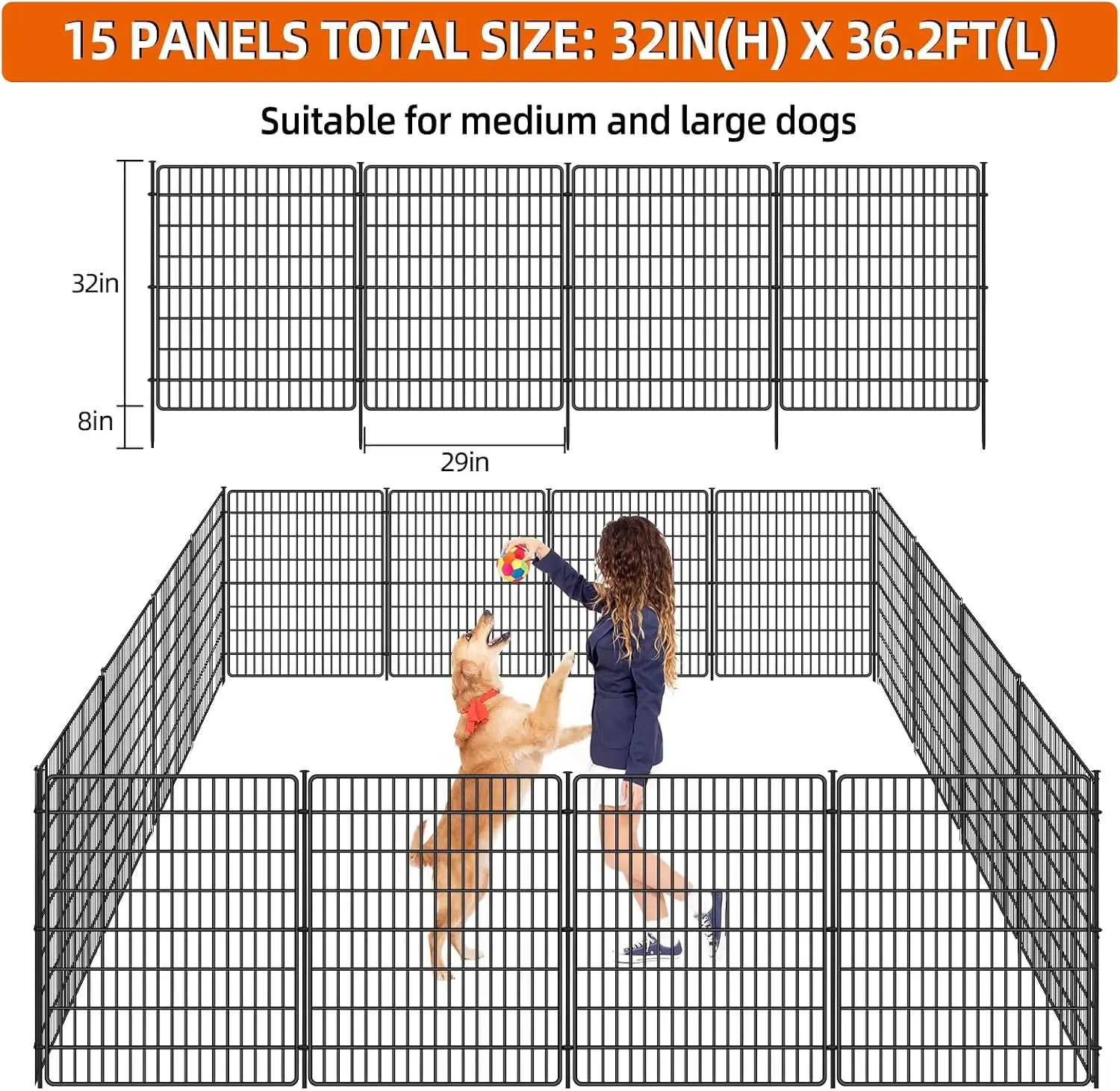 15 Panels No Dig Fence with Gate, 32 in(H) X 36 ft(L) Garden Decorative Fence Animal Barrier for Dogs, Rustproof Metal Garden