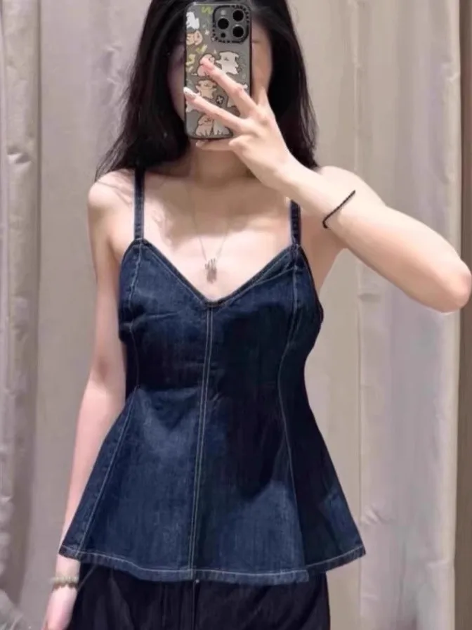 

Spring 2025 Hot Pure Desire Sle Wide Waist Denim Strap Vest Women's Faionable Casual Color Top Casual Outerwear