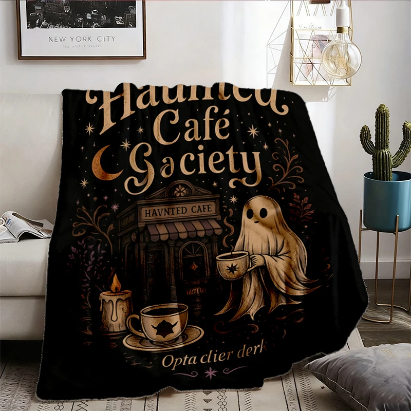Haunted Cafe Society Warm Blanket, Comfort Halloween Soft Blanket, Ghost Coffee Comfy Blanket, Spooky Cafe Flannel Throw