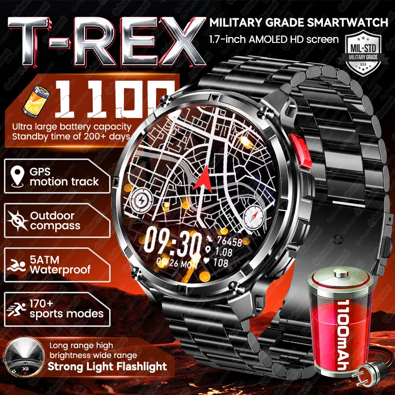 

New Military Outdoor T-REX 1100mAh Battery Smart Watch GPS Compass Heart Rate 5ATM Waterproof Voice BT Call Men Sport Smartwatch
