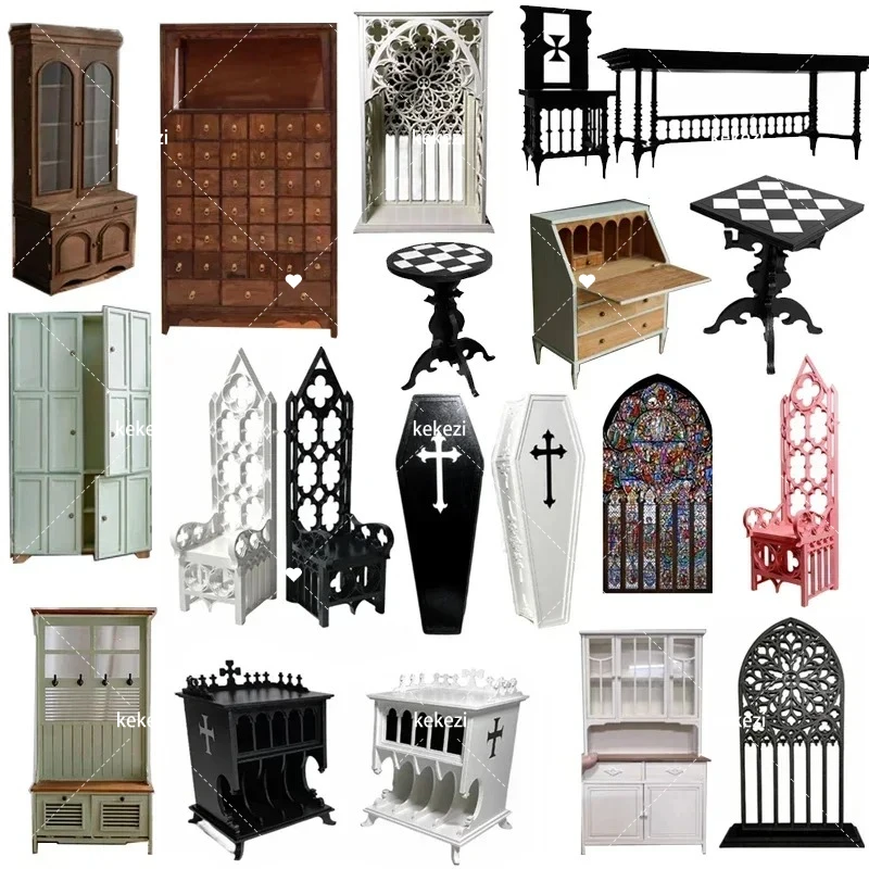 

Miniature Dollhouse Diy Furniture Material Bag Blythe Gothic Church Window Low Cabinet Chessboard Table Baroque Coffin Doll Box