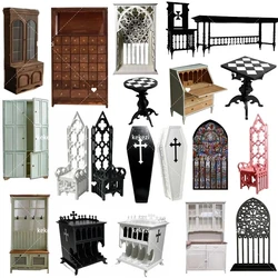 Miniature Dollhouse Diy Furniture Material Bag Blythe Gothic Church Window Low Cabinet Chessboard Table Baroque Coffin Doll Box