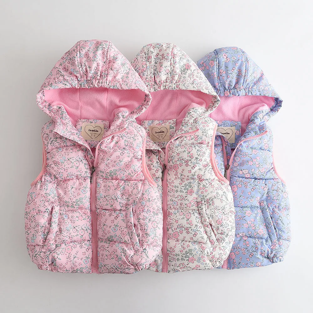 Kids Cotton Padded Thick Warm Puffer Vest New 2026 Autumn Winter Girls Floral Zipper Sleeveless Hooded Casual Vest Outerwear
