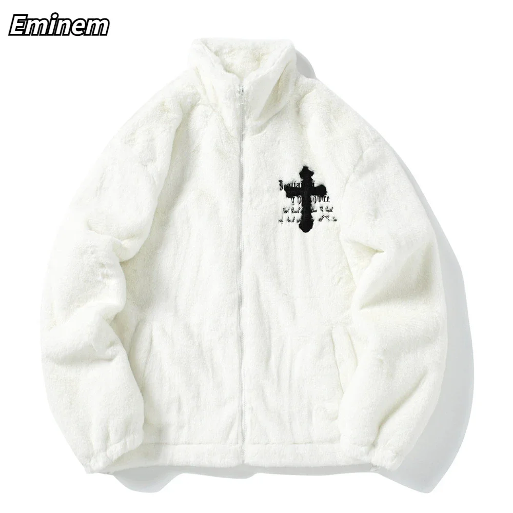 Hip Hop Cross Letters Winter Men Rabbit Fur Jacket Coats Fleece Jacket Streetwear Casual Harajuku Coat Zip Up Fashion Outerwear