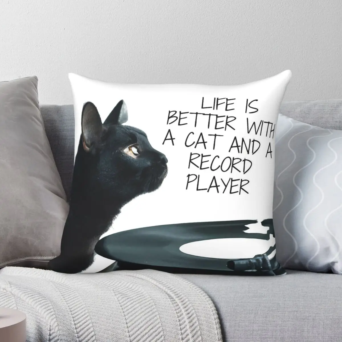 Cat And Record Player Square Pillowcase Polyester Linen Velvet Printed Zip Decor Pillow Case Room Cushion Cover