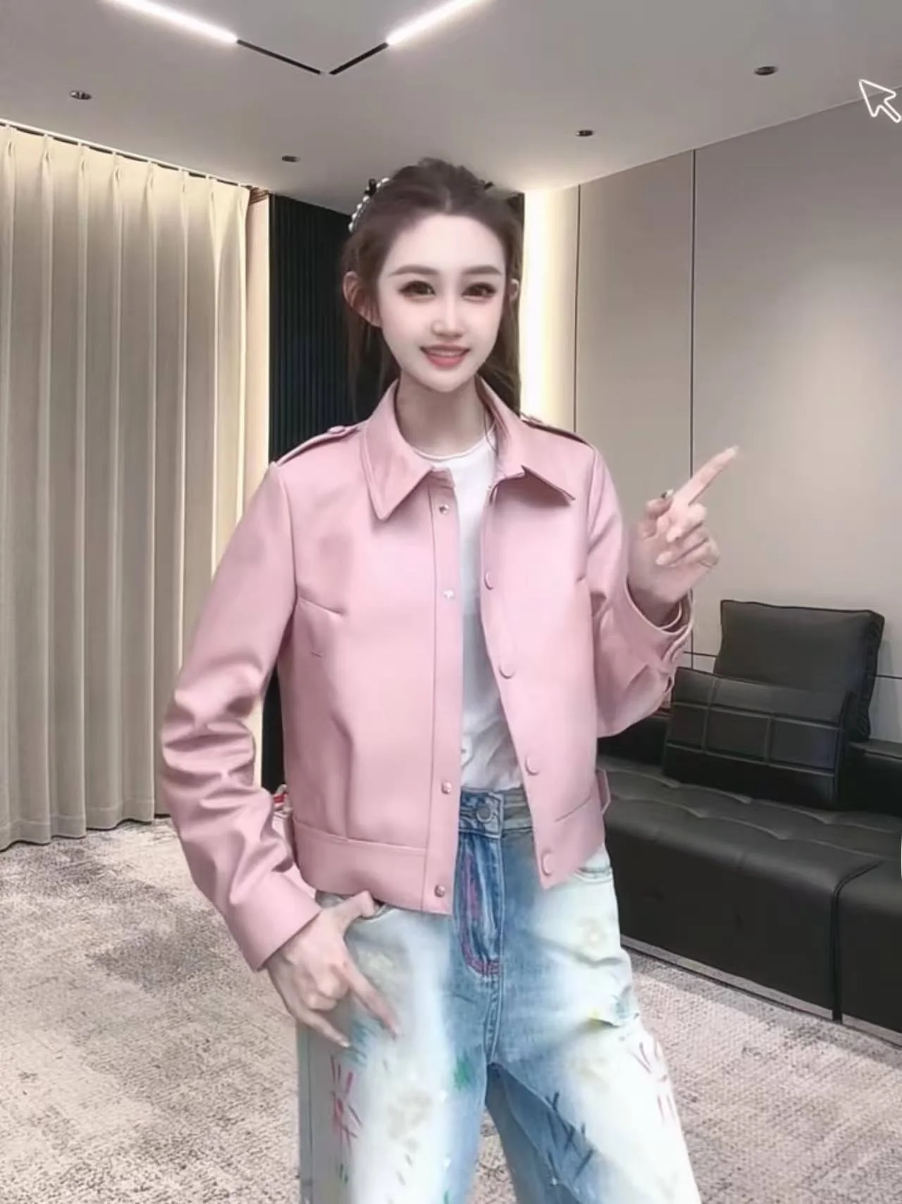 

Spring 2026 Vintage Hong Kong Sle Loose Motorcycle Leather Jaet Women's Biker Jaet Stand Collar ort Zipper Coat