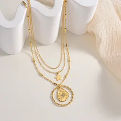 Stainless Steel Necklace 3in1 Chain Gold Color Plated Circle Star Pendant Elegant Unique Jewelry for Women Accessories