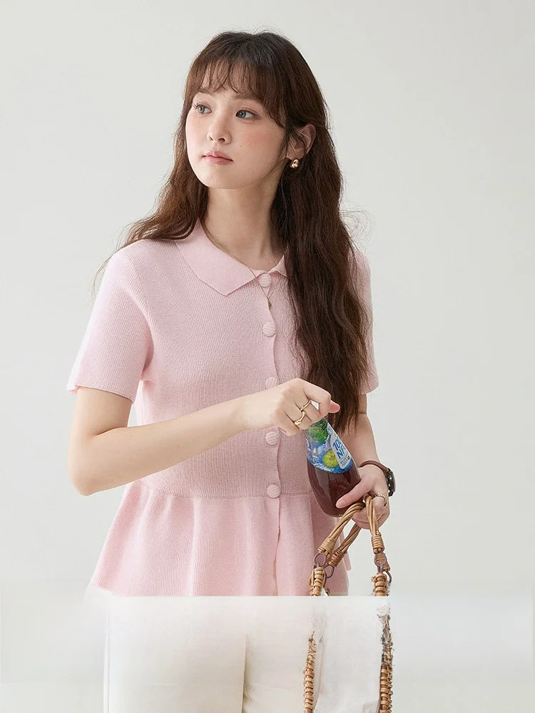 

North Island AMUU Original Dopane Pink Pure Cotton Knitted irt Women's Summer New Sle ort Sve Turn-down Collar Top
