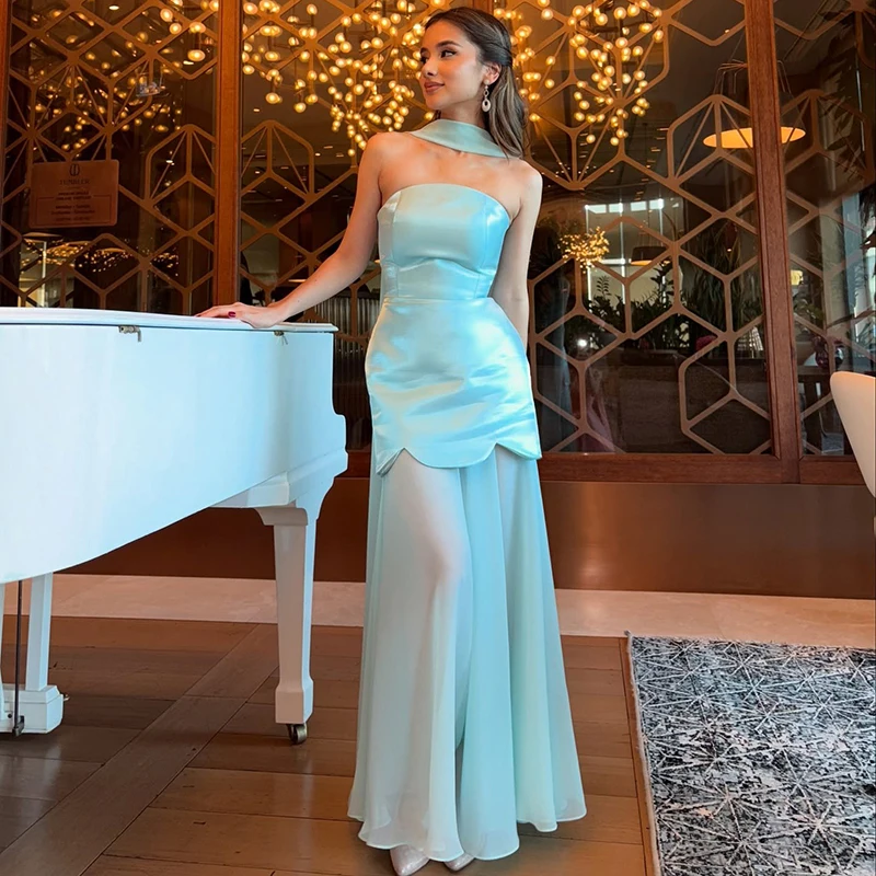 

Thinyfull 2026 Mermaid Prom Evening Dresses Strapless Satin Chiffon Scarf Maxi Party Dress Formal Cocktail Prom Gowns Customized
