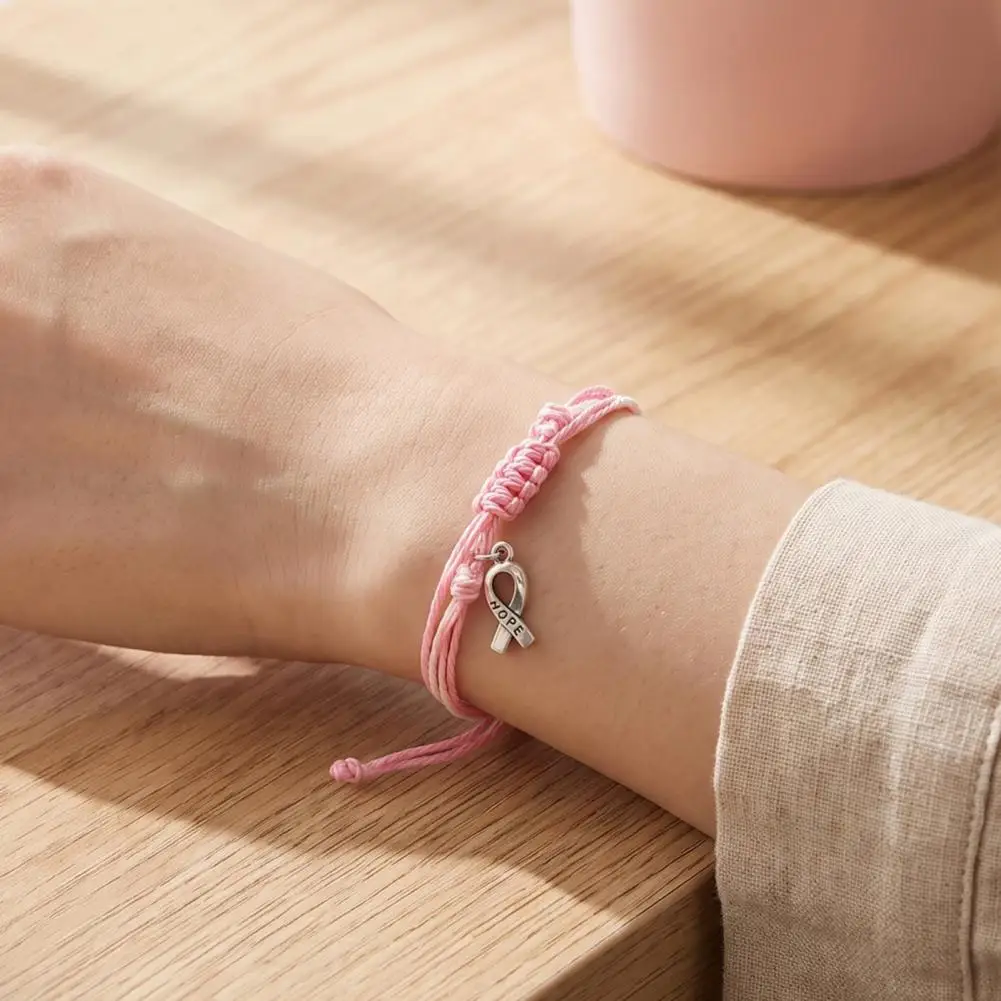 Durable Woven String Wrist Jewelry Breast Cancer Awareness Bracelet for Women Adjustable Woven Ribbon Charm Wristband Handmade
