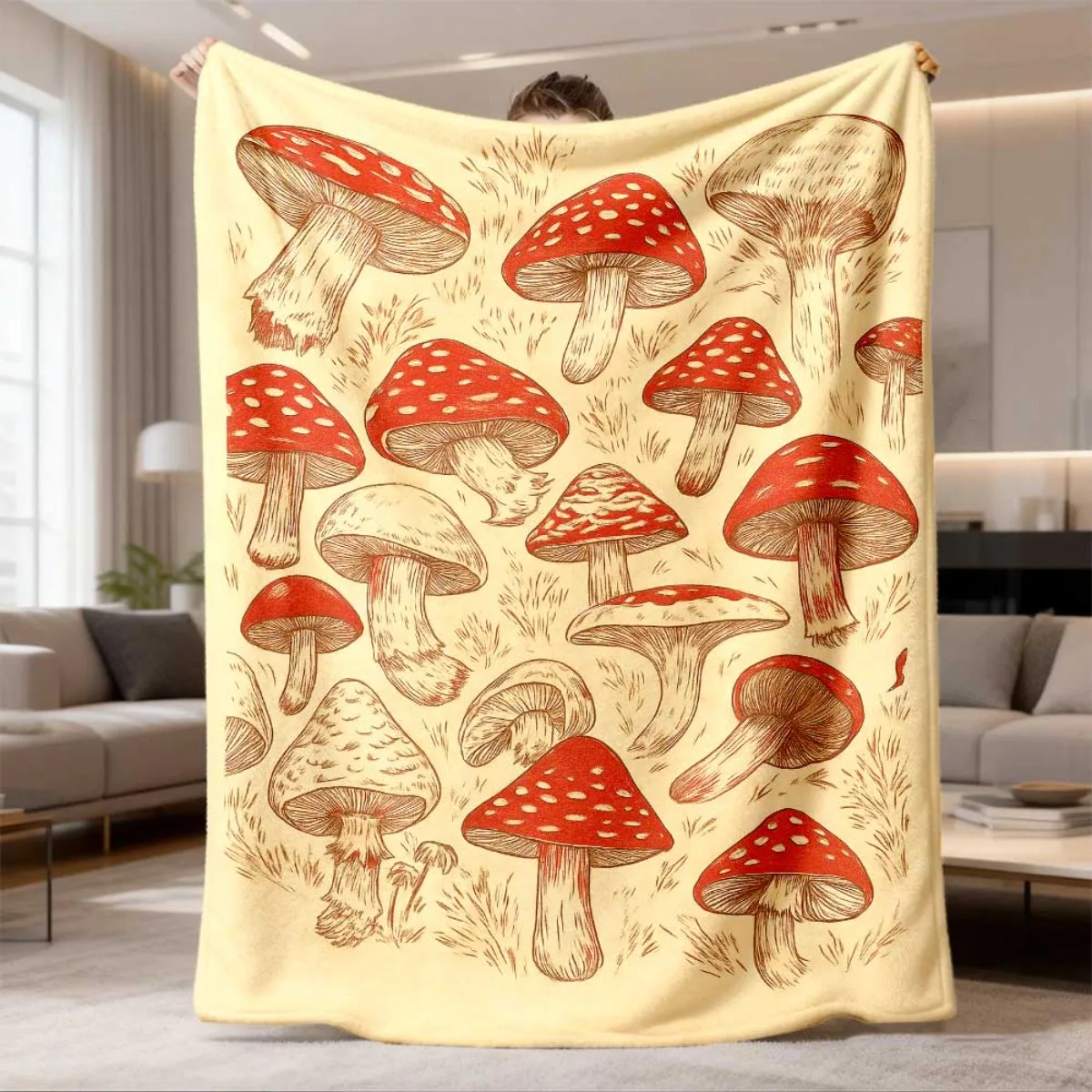 Throw Blanket Vintage Red Mushroom Print Botanical Forest Design Soft Cozy Wrap For Living Room Bedroom And Rustic Home Decor