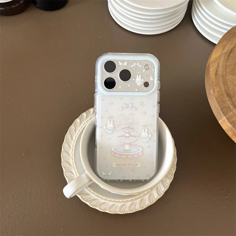 

Shockproof Phone Case For iPhone 14 15 16 17 Pro Max Angel Miffy Rabbit Fountain Star Light Blue Gradient Large Window Cover