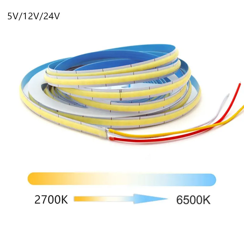 8mm Width CCT COB LED Strip Light 5V 12V 24V 2700K to 6500K Tunable LED Tape Linear Dimmable Ribbon RA90 Color-changing Tape