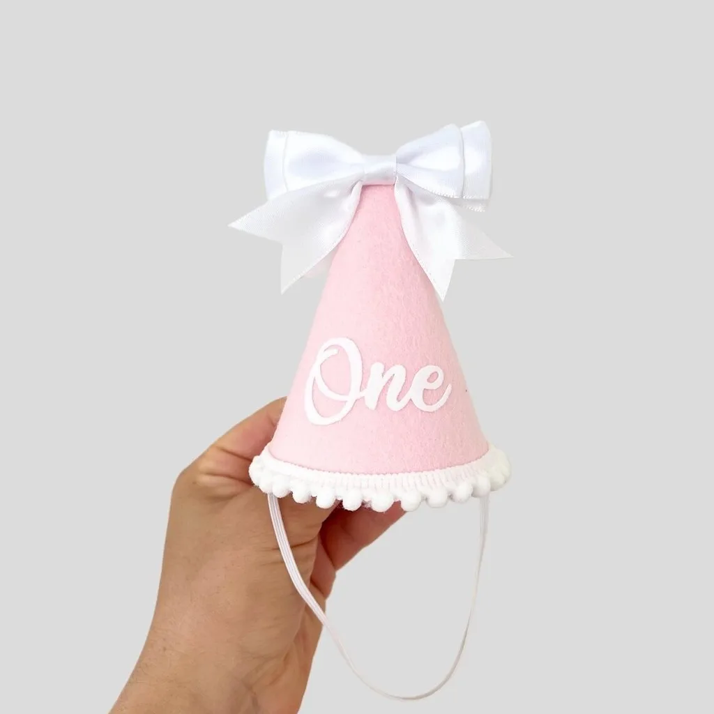 ins 1PC First Kids Glitter Bow Hat Non Woven White Bowknot Birthday Headwear Hat 1st Pink Party Cap