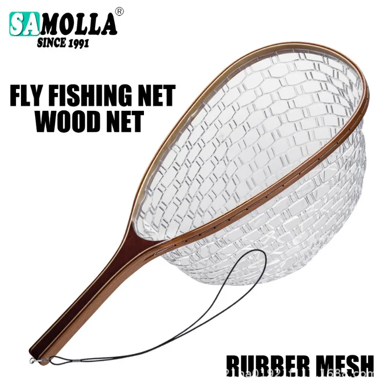Fly Fishing Landing Net with Solid Wood Handle and Clear Rubber Coated Anti-Snag Mesh Hand Net for Stream Lure and Trout