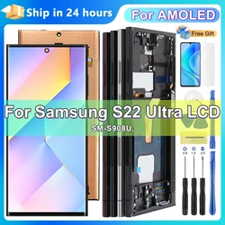 Super AMOLED For Samsung Galaxy S22 Ultra 5G S908B S908B/DS LCD Display Touch Screen Digitizer Assembly Replacement with Frame