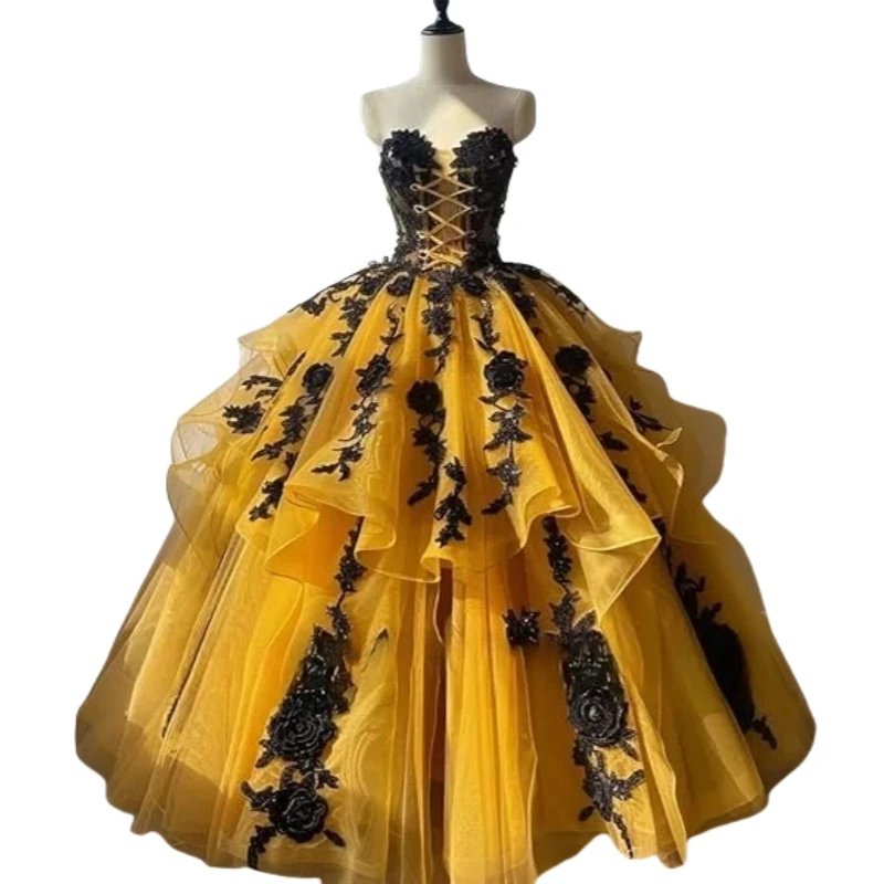 Steampunk-Korsett-Abschlussballkleid mit schwarzer Spitze, trägerlos, Retro-Ballkleid, gerüscht, Kostüm für besondere Anlässe, individuell gestaltet