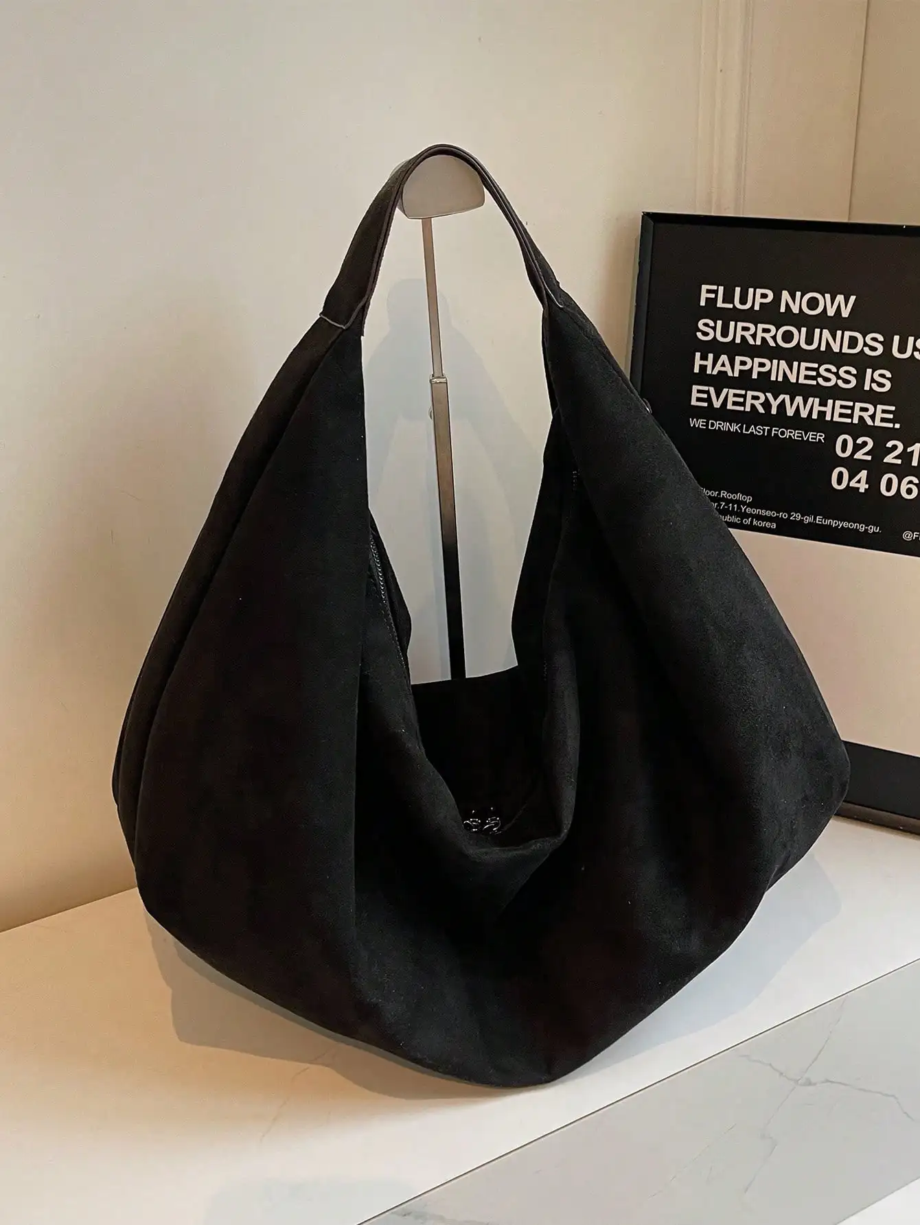 

Large Capacity Solid Black Suede Hobo Tote Bag for Women, Casual Shoulder Underarm Bag
