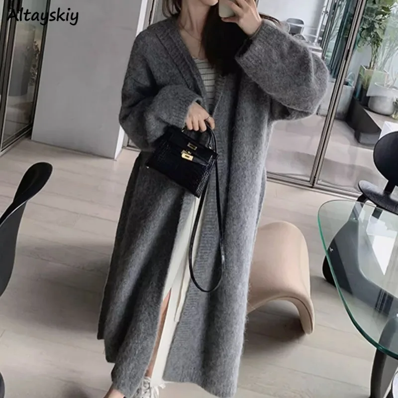 

Mid-calf Cardigans for Women Elegant Korean Style Ins Solid All-match Hooded Niche Fashion Spring Autumn Warm Chic Young Girls