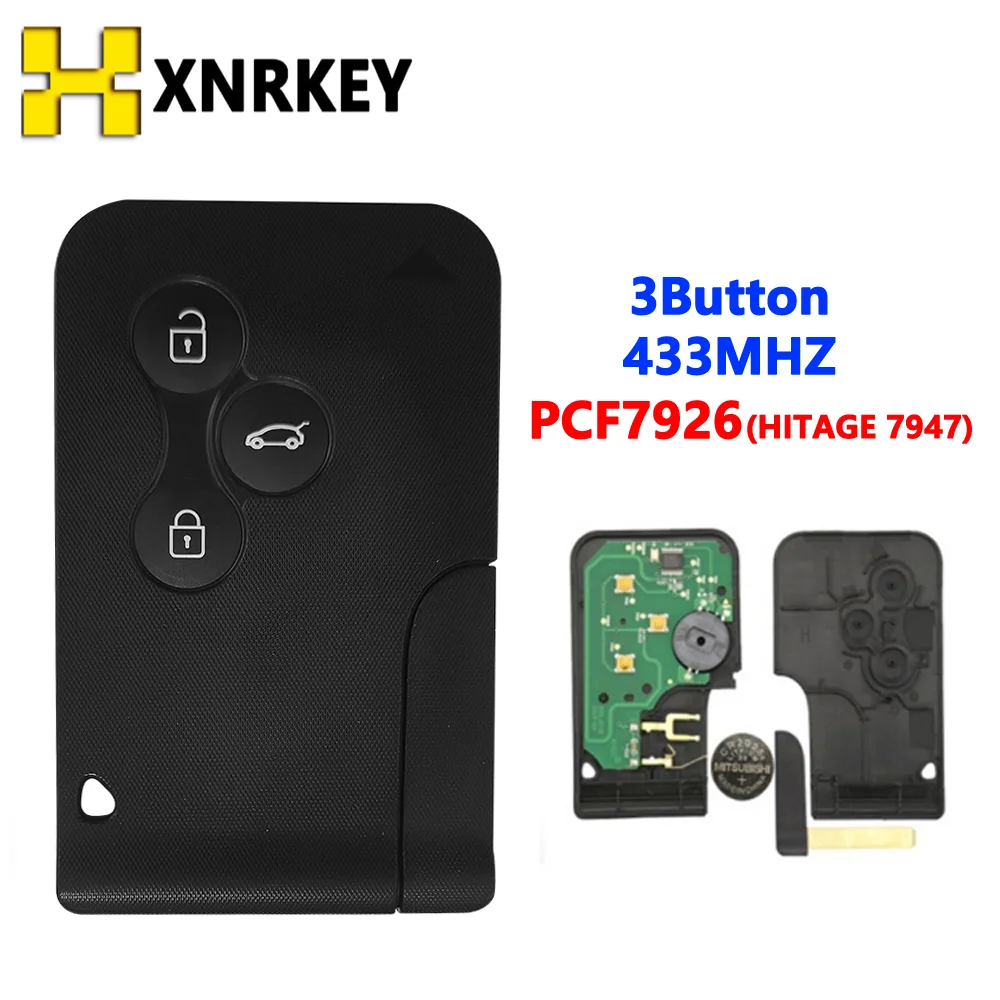 

XNRKEY 3 Button Remote Car Key for Renault II Grand Scenic Megane 2003-2008 433Mhz ID46 PCF7947 Chip Smart Card