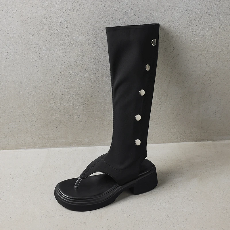 Kcenid Leisure Daily Flip Flops Style Summer Sandals Long Boots Woman Stretch Fabric Thick Heels Banquet Knee High Boots Size 43