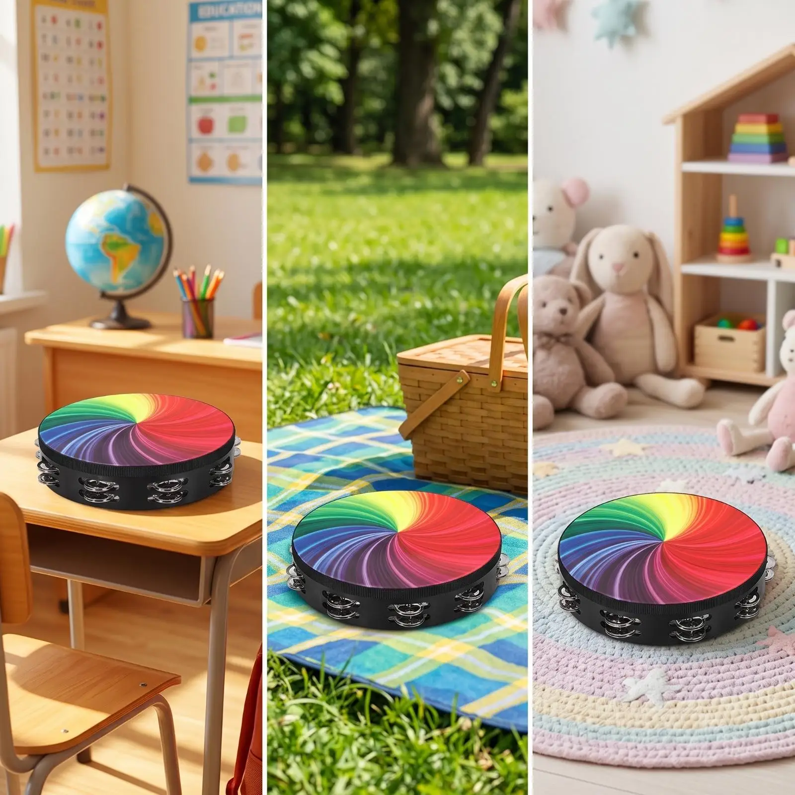 Beginner Tambourine for Kids Double Row Steel Jinglers Solid Wood Frame Soft PET Head Colorful Design for Music Education