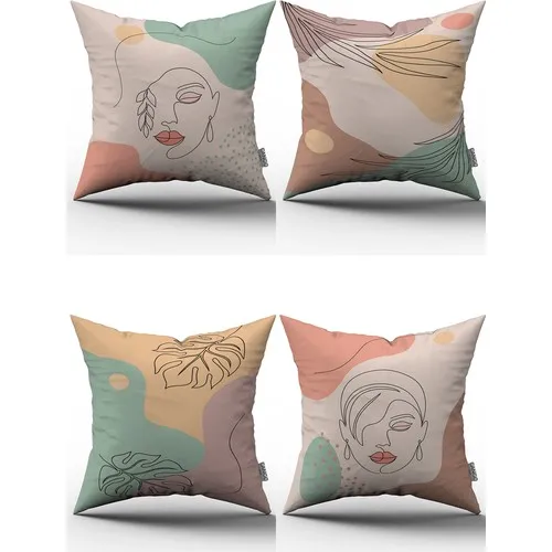 Set of 4 Throw Pillow Covers with Abstract Portrait Pattern. 43x43 cm