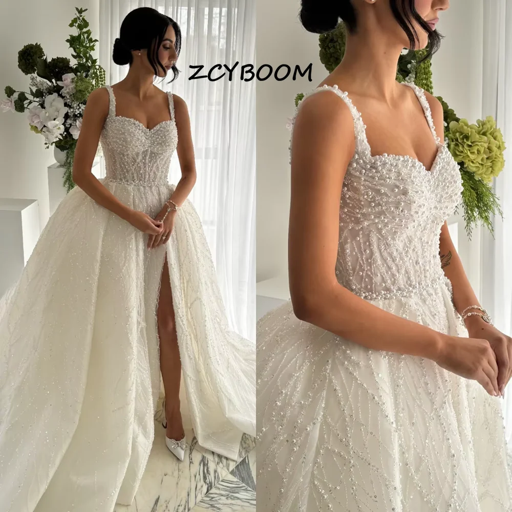Customized Luxury Spaghetti Strap A-line Wedding Dress Sweetheart High Split Pearls Bridal Gown Backless 2026 Vestido De Noiva