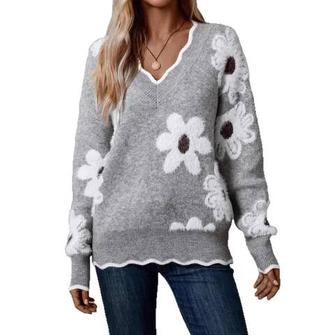 Джерси Invierno Mujer Damen Kleidung, осень-зима, универсальный свободный свитер, женский вязаный жаккардовый пуловер с v-образным вырезом и цветочным узором