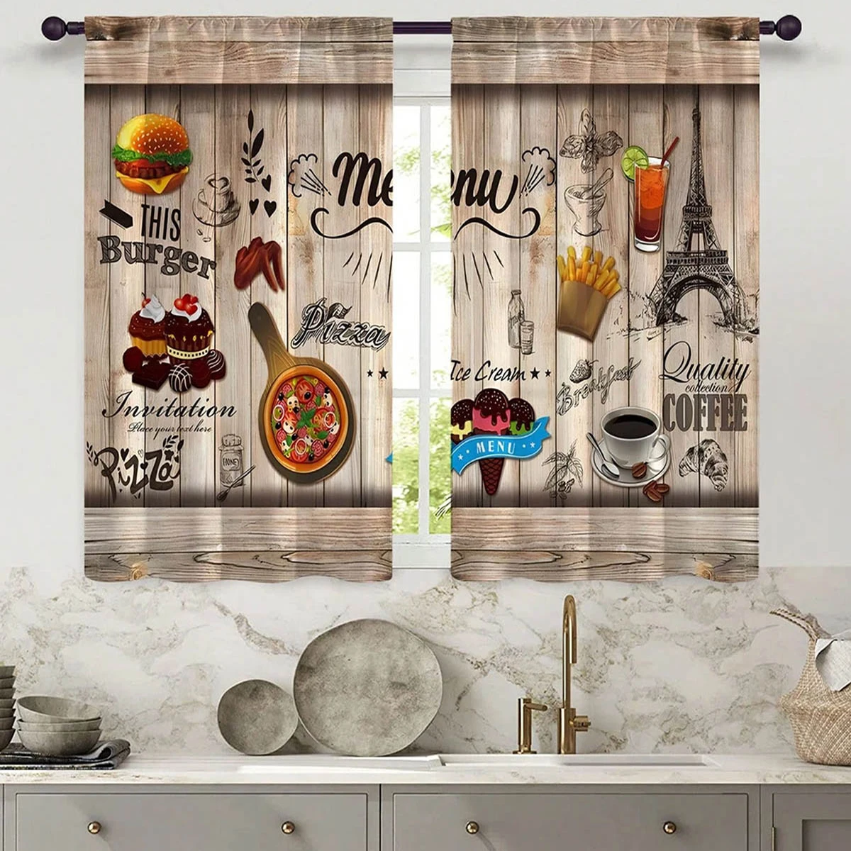 2 pieces, window curtains, retro cartoon print curtains, 100% polyester, suitable for kitchen and dining room