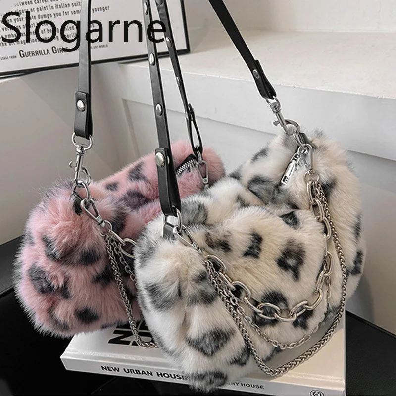 Bolsas de ombro femininas de inverno com corrente, novas bolsas de ombro de pele sintética com estampa de leopardo, clutches de dia com estampa de leopardo, bolsas de noite com alça superior felpuda