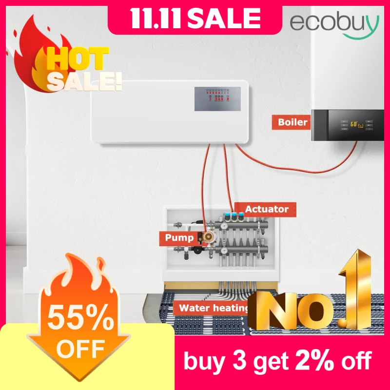 

Беспроводной термостат Tuya Wi-Fi, 8-камерный радиочастотный центральный концентратор, блок управления с ЖК-дисплеем указывает на газовый котел, привод подогрева пола