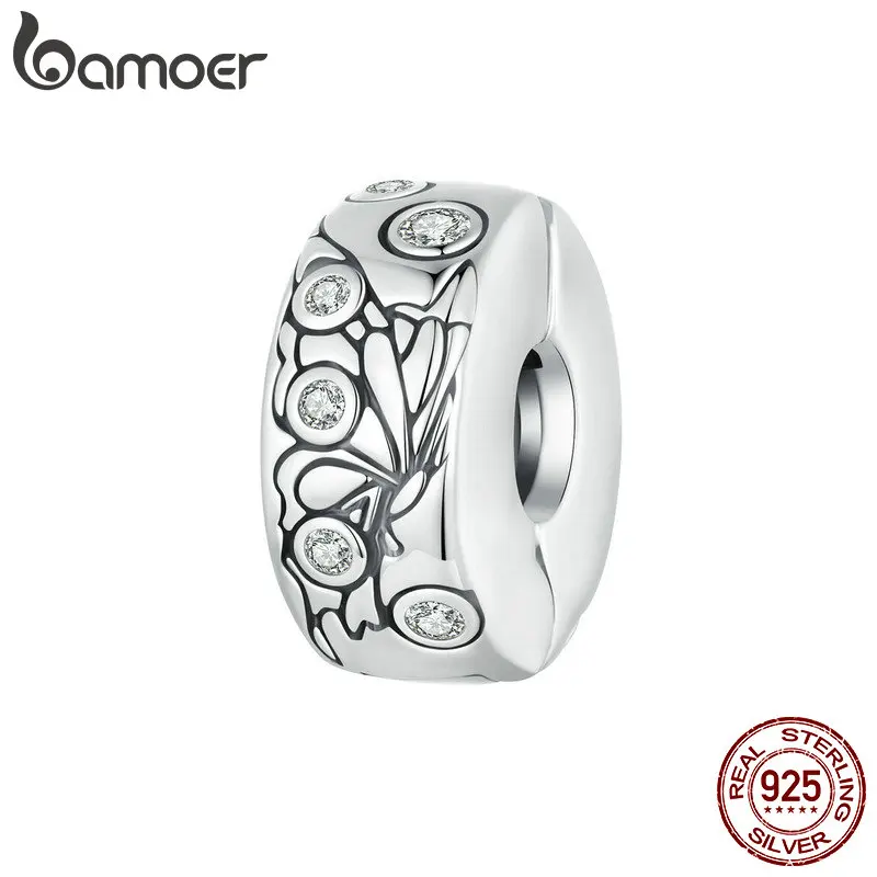 

BAMOER 925 Sterling Silver Clip Spacer Charm for Bracelet Pave Cubic Zirconia Clip Lock Spacer Stopper Butterfly Charm Bead