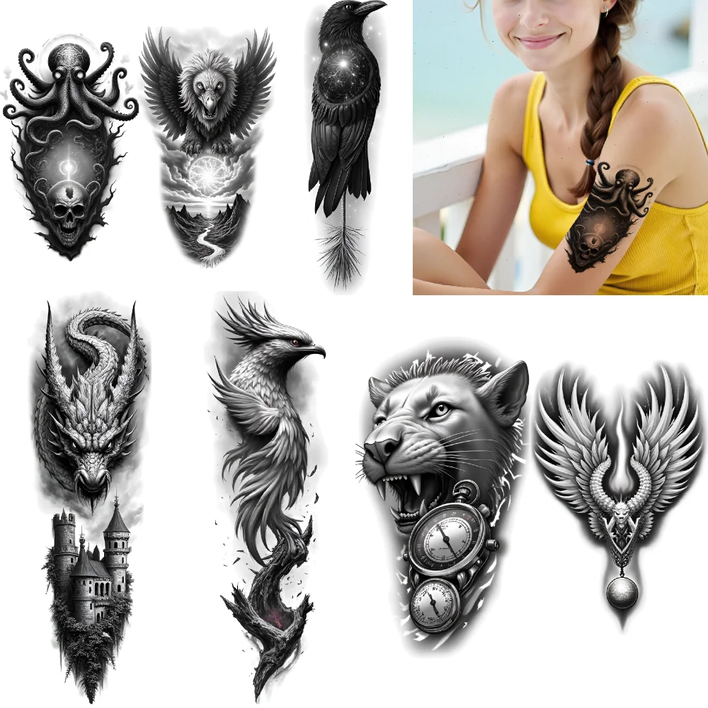 

3 шт., временные татуировки с крыльями, реалистичные временные татуировки, животные, мифические существа, черный и серый реализм для взрослых, рука мужчины