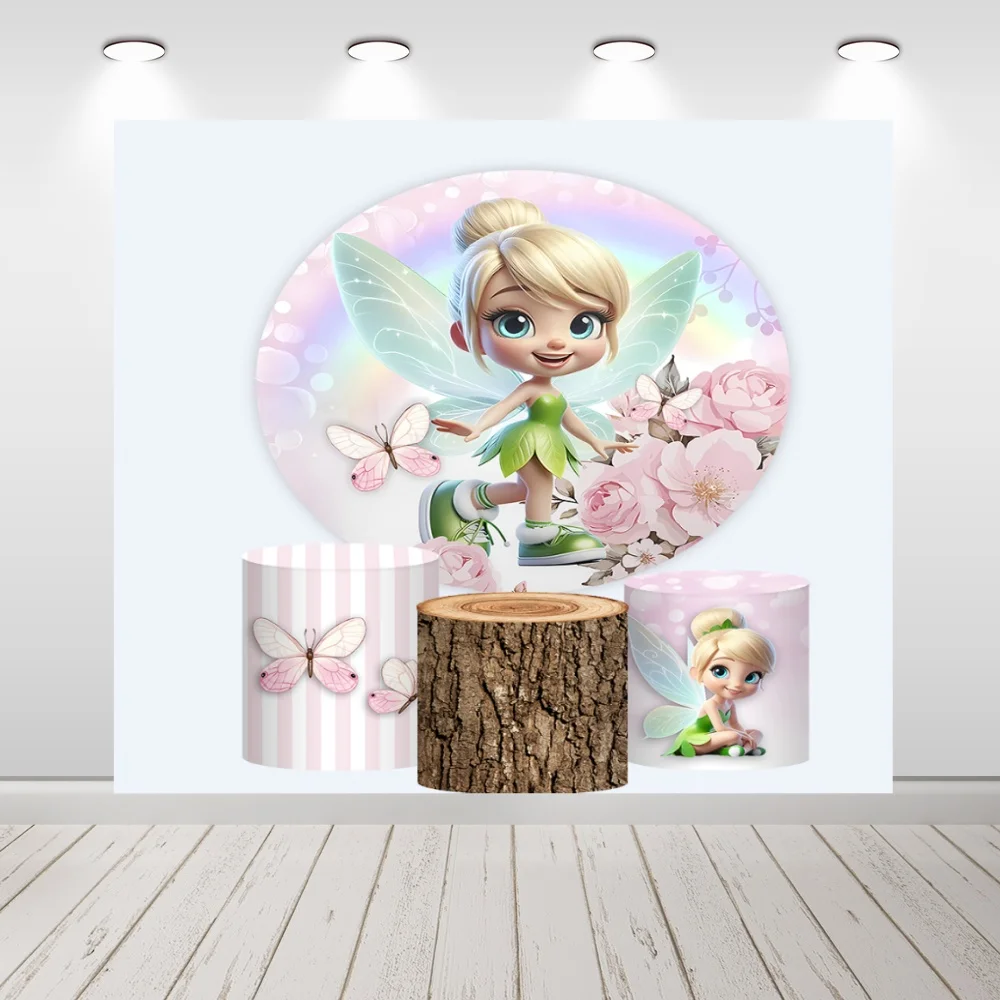Disney verde bosque Tinkerbell tema Baby Shower círculo redondo telón de fondo cubierta Hada princesa niñas fondo cubiertas de cilindro