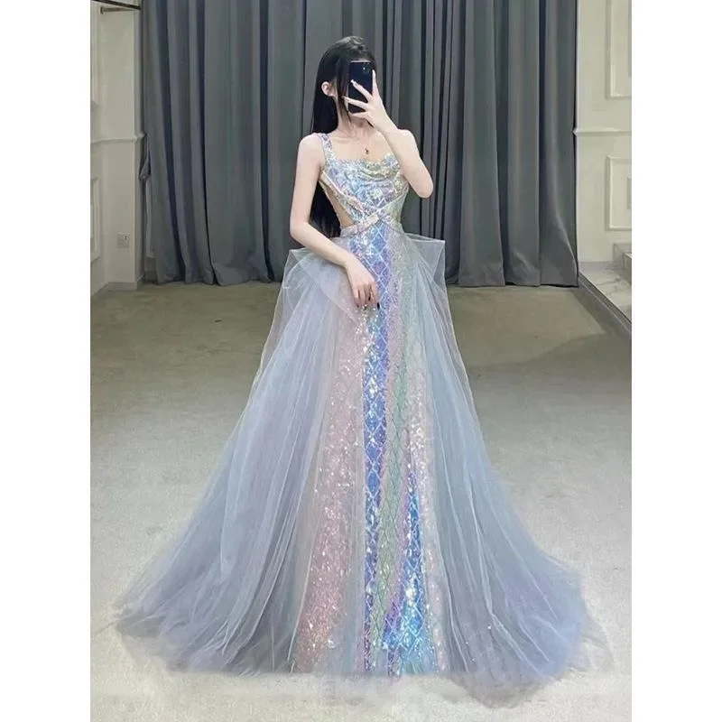 Customized Mermaid Sequined Elegant Wedding Party Dresses Square Collar Sling Slim Prom Vestidos Luxury Shinny Temperament Eveni