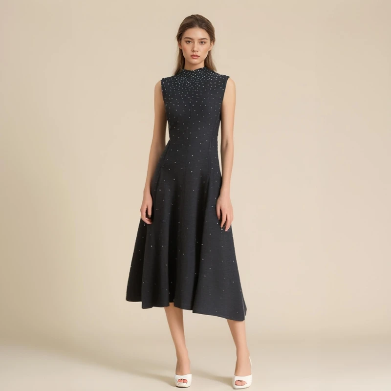 

M Home Autumn New Sle Women's Elely Svel Waist-Cinched Diamond Decorated Knitted Dr High Waist A-Line Long Dr