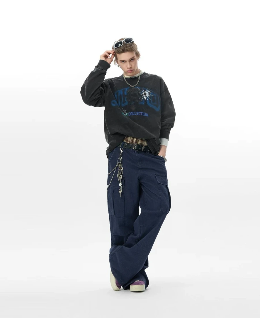 2026 Spring Autumn Men's American Retro Black Khaki Bulldog Letter Print Washed Loose Casual Round Neck Long Sleeve T-Shirt