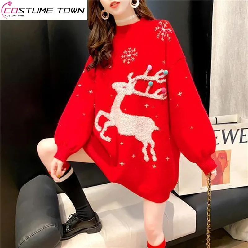 

Red Christmas Deer Sweater Women's Loose Outwear Autumn/Winter 2023 New Half Tall Collar Age Reducing Elegant Women's Top