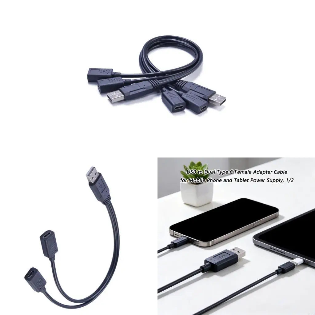 Q6PA Flexible 30Cm USB To 2 Way Type C Converters Wire Enables Efficient Charging