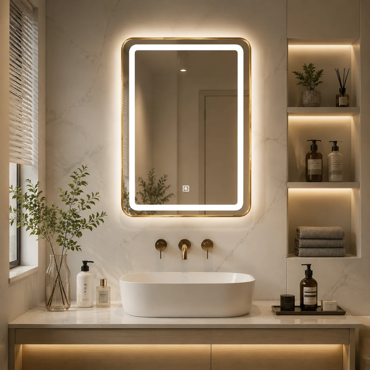60x90cm Intelligent Diode Washroom Reflector Hospitality Standard Condensation Free Rear Lit Premium Grooming Glass