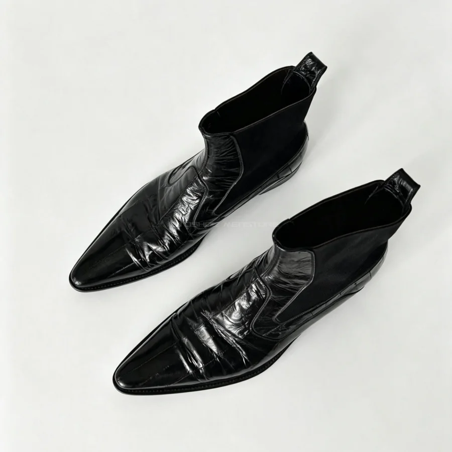 Men's Black Leather Eel Textured Pointed Toe Chelsea Boots Elegant Slip On Mid Thick Heel Ankle Dress Boots Plus Size 36-46