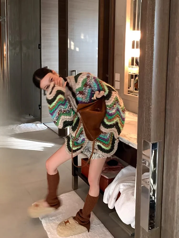 

DULA ленивый женский вязаный свитер, кардиган, тяжелая рабочая шерсть, смесь хлопка, полосатый, осень-зима, открытый спереди, повседневный Sle