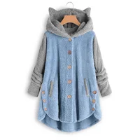 Cat Print Long Hoodies Sweatshirt Women Fleece Warm Button Pocket Pullovers Cat Ear Plus Size Hoodie Top Blouse Sweat Femme - Image 2