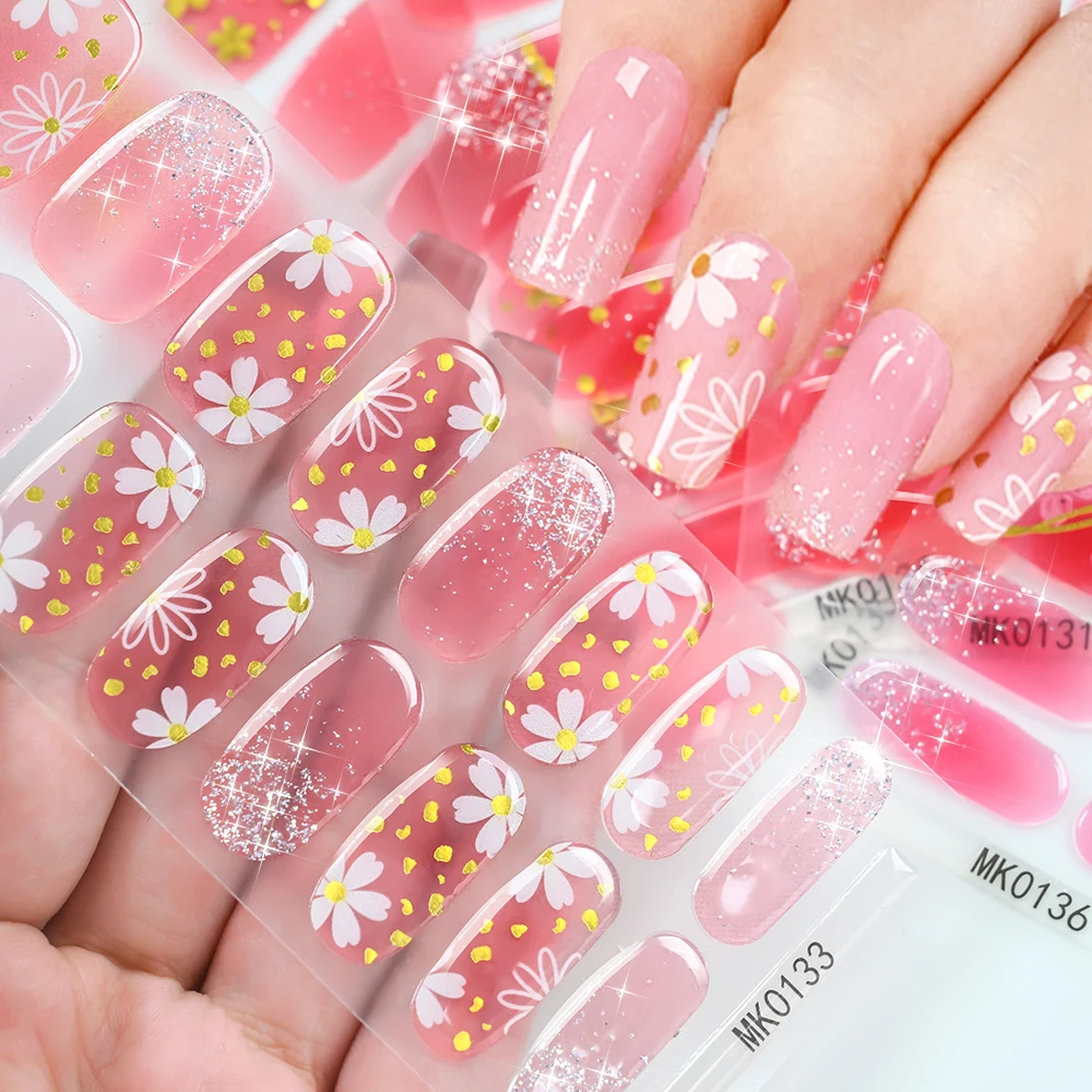 1PC 3D Daisy Pink Semi-cured Gel Nail Sticker Spring Exquisite Floral Gold Foil Full Cover Adhesive Nail Wraps UV Free NailDecal