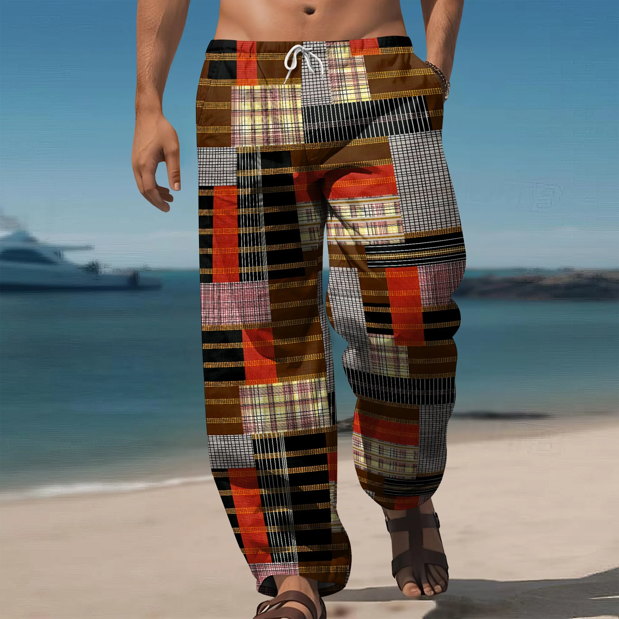 

YEAE Patchwork Plaid Print Pants for Men Summer Casual Loose Drawstring Trousers