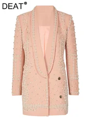 DEAT-Blazer artesanal de pérolas para mulheres, jaqueta de peito escondido, terno elegante, manga longa, gola xale, novo, 17A4050H, primavera, 2022