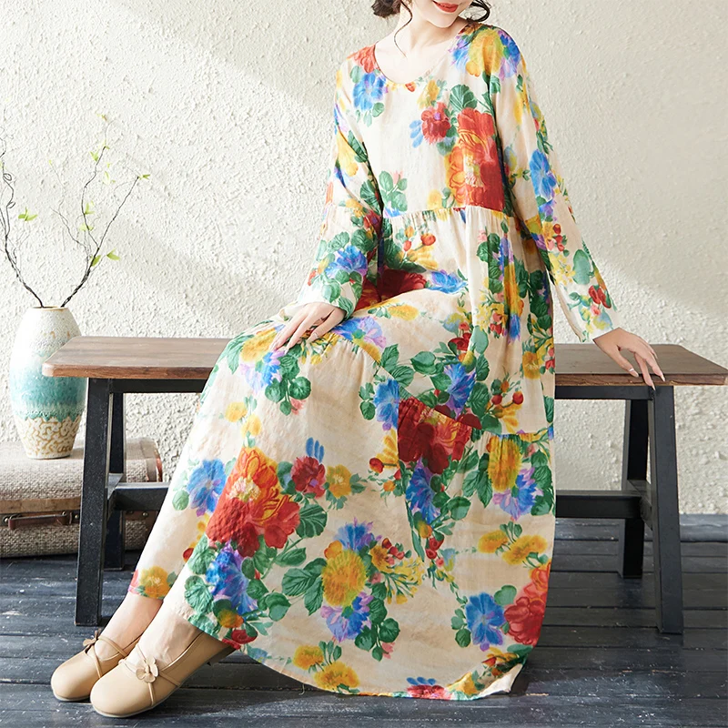 

Spring New Style Thin Cotton Twisted Fat M round Neck Flower Long Sleeve Loose Slimming Cake Skirt A-Line Midi Dress